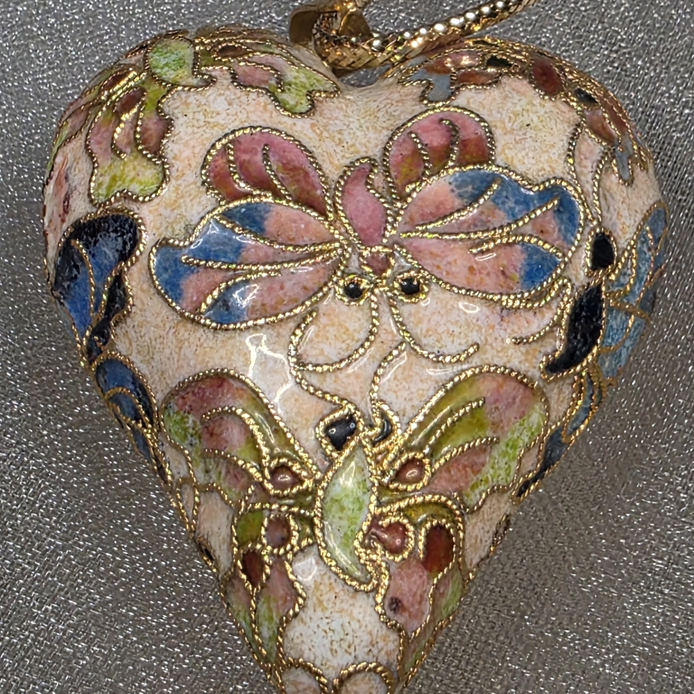 Vintage Cloisonne Heart Shaped  Ornament - Butterfly Design